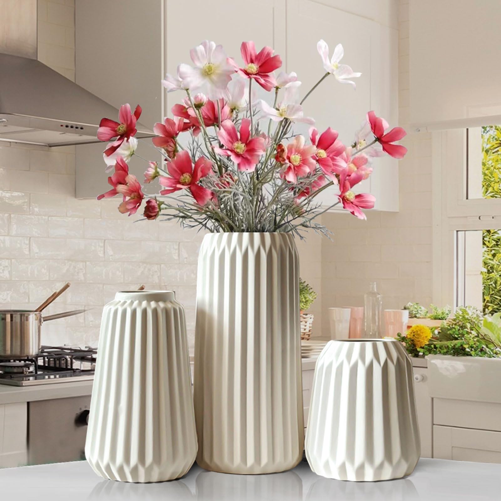 White Ceramic Vases, Set of 3 Boho for Modern Home Decoration, Nordic Minimalism, Decoration, Office, Entrance, Living Room, Table Decoration, Vases