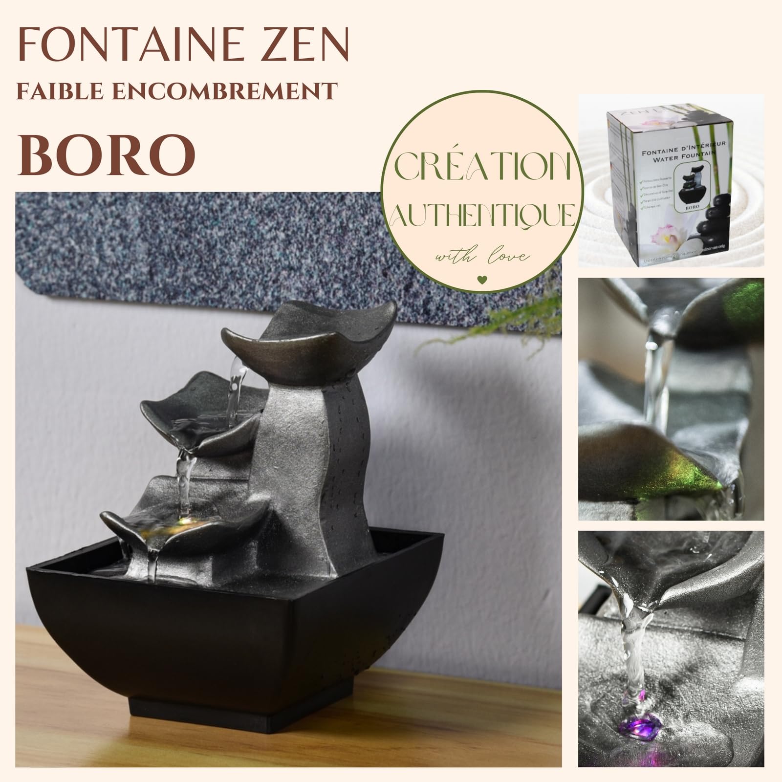 ZenLight - Boro Waterfall Zen Relaxing Room Fountain with Coloured LED Light - Living Room, Bedroom, Office Decoration - Meditation and Relaxation - Closed Circuit Table Fountain - H 18 cm