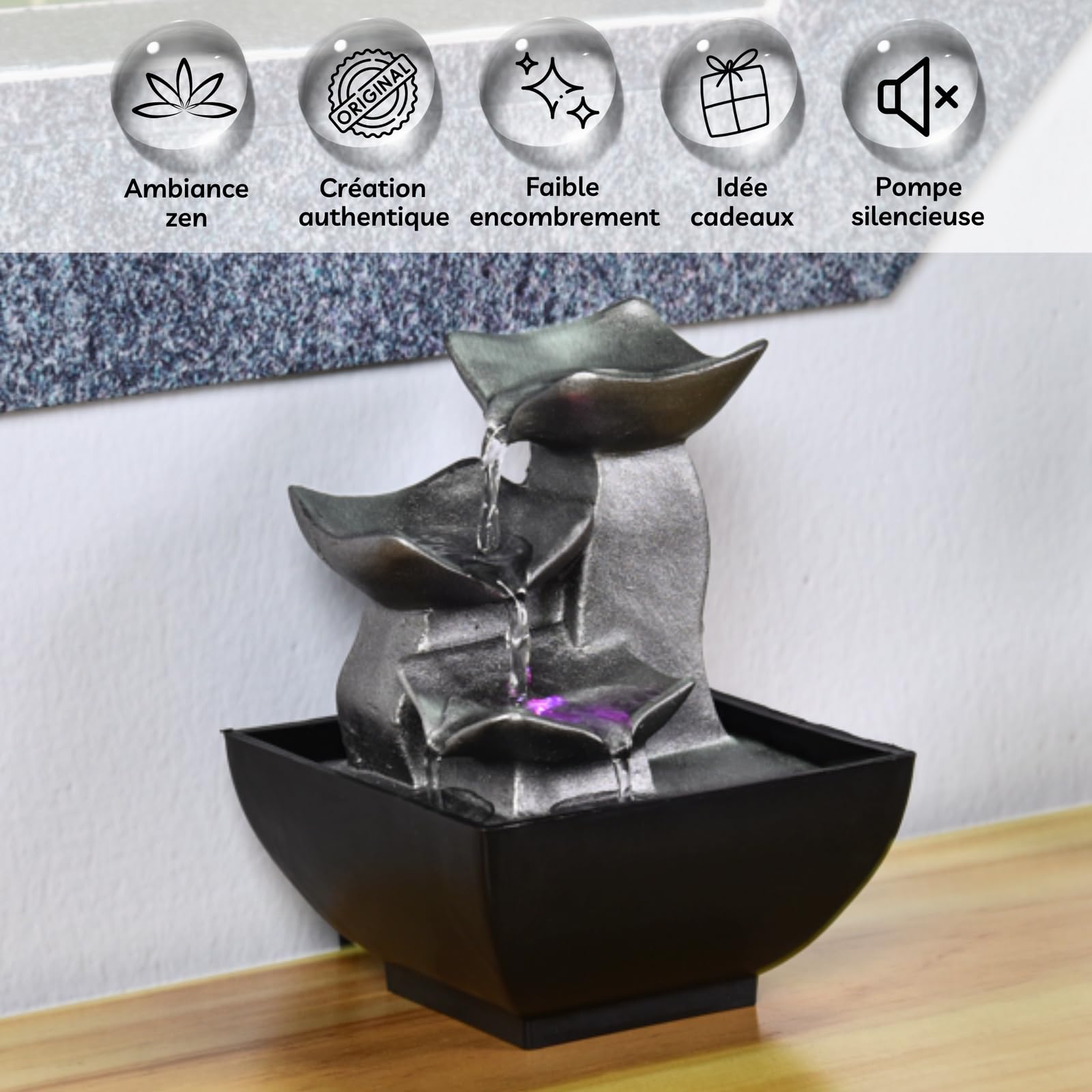 ZenLight - Boro Waterfall Zen Relaxing Room Fountain with Coloured LED Light - Living Room, Bedroom, Office Decoration - Meditation and Relaxation - Closed Circuit Table Fountain - H 18 cm