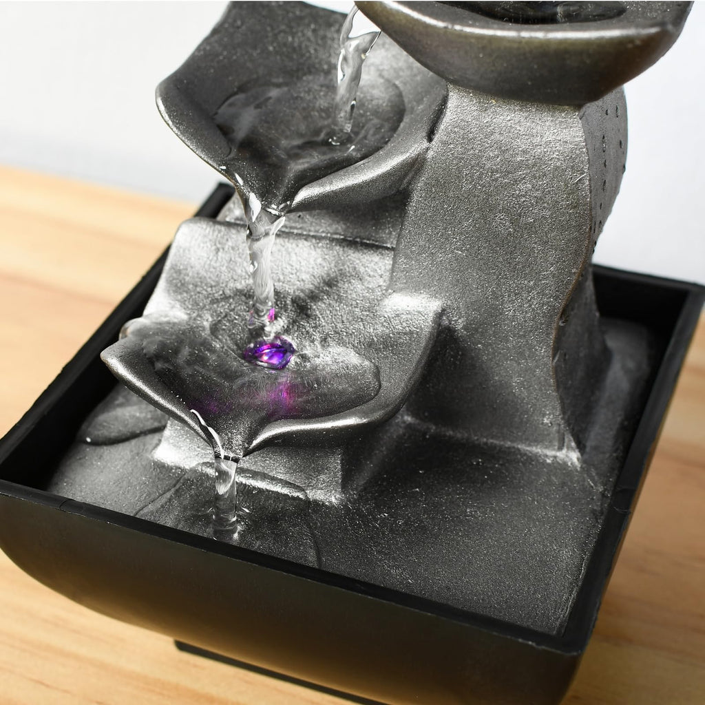 ZenLight - Boro Waterfall Zen Relaxing Room Fountain with Coloured LED Light - Living Room, Bedroom, Office Decoration - Meditation and Relaxation - Closed Circuit Table Fountain - H 18 cm